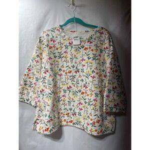 Lands End Womens 1X Quilted Wildflower Floral Pullover Top White 3/4 Sleeve